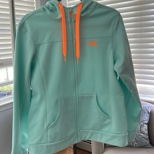 The north face, full zip, fleece inner, teal w orange detail, size L
